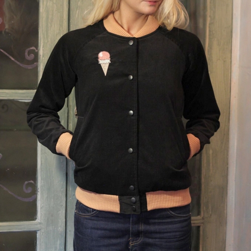 Стильная женская курточка, чёрный вельветовый бомбер с мороженым от Marina Romanenko
