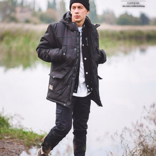 Черная мужская теплая куртка-парка для города, молодежный стиль Milk Clothing